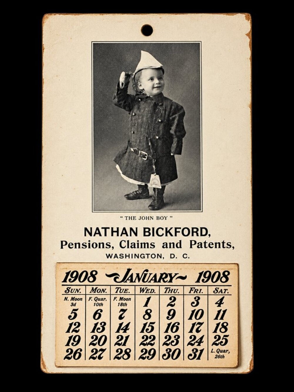 1908 Nathan Bickford Washington DC Advertising Calendar “The John Boy”